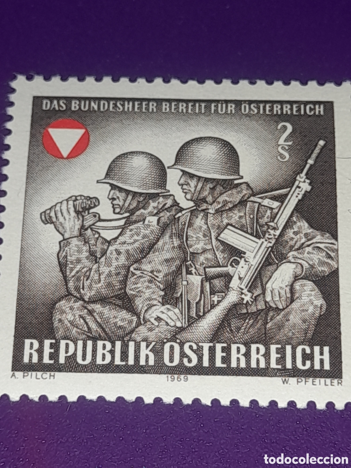 Sellos: Sello Austria nuevo 1969. Homenaje al ej&eacute;rcito popular. Soldado. Uniforme. Optica. Rifle. Militar