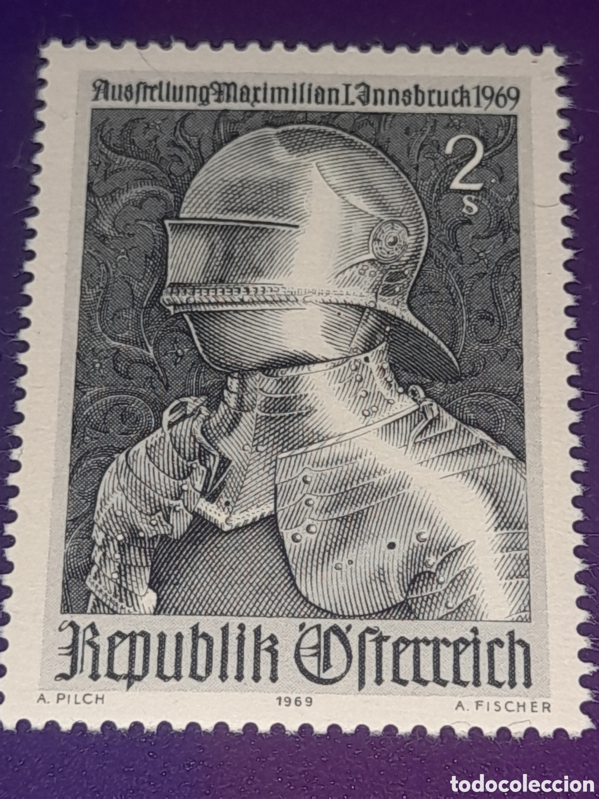 Sellos: Sello Austria nuevo 1969. 450Aniv muerte emperador Maximiliano. Armadura. Militar. Arqueolog&iacute;a. Arte