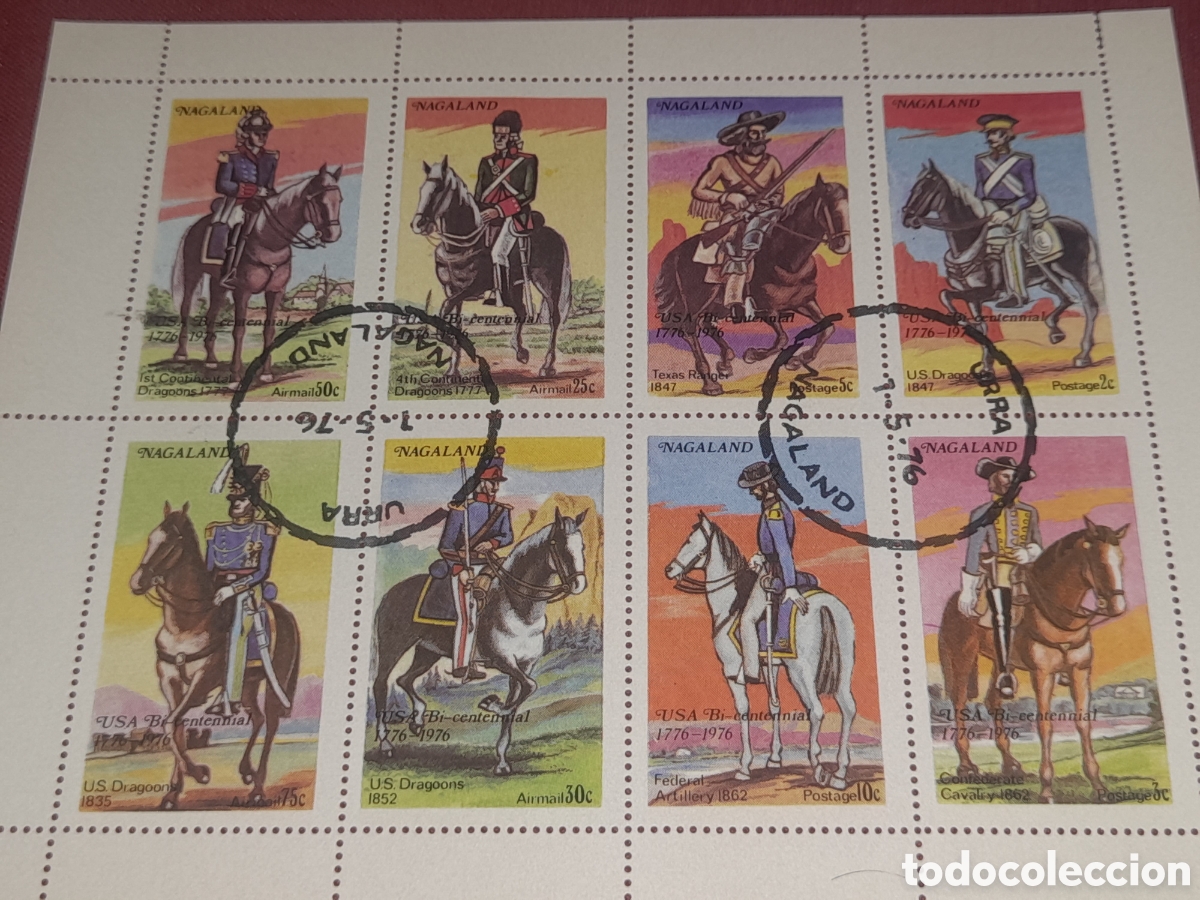 Sellos: HB Nagaland, (India/eL/no UPU) mtdo 1976. Caballer&iacute;a. Caballos. Militar. Soldados. Uniformes.