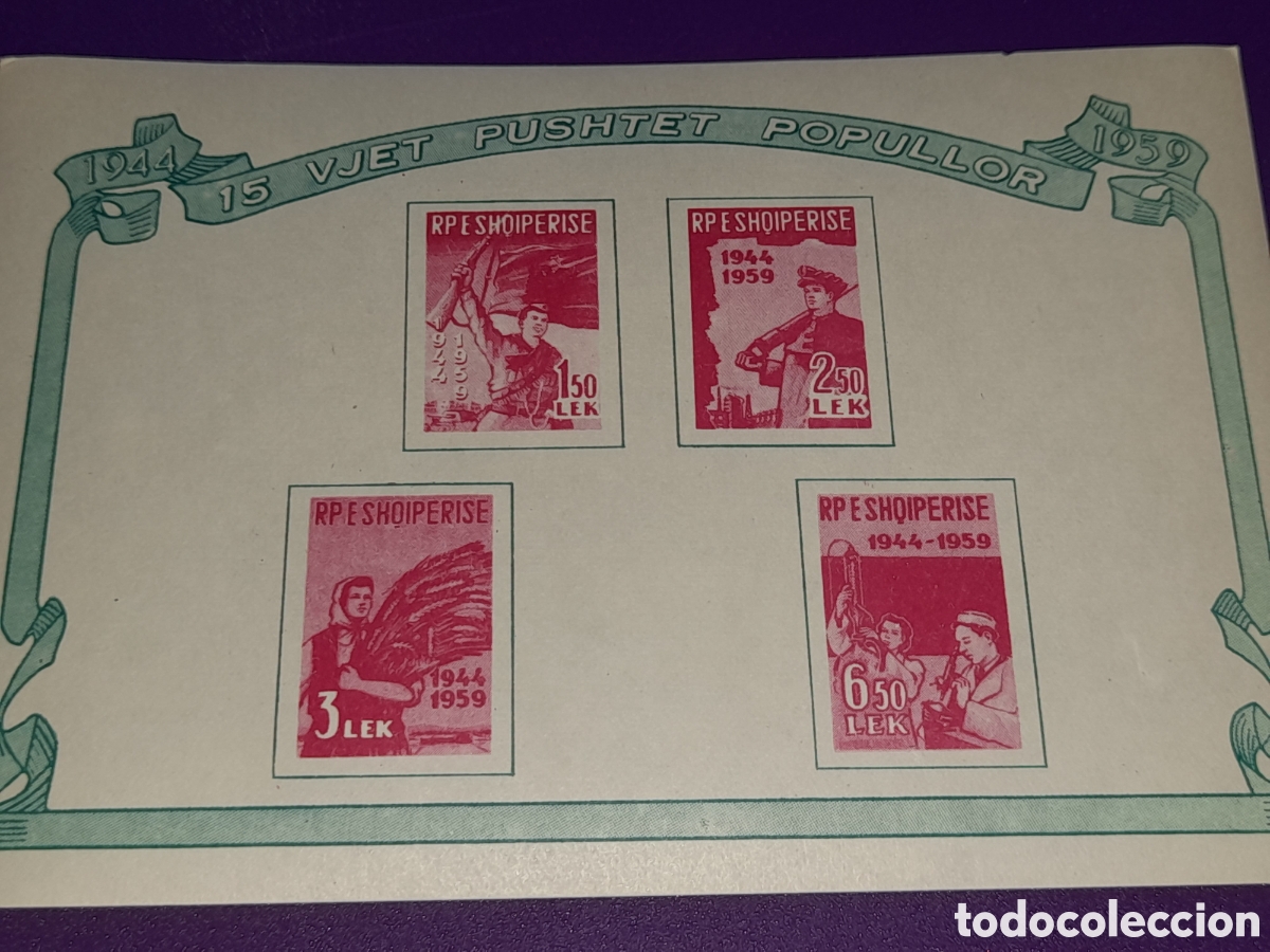 Sellos: HB Albania nueva 1959. 15Aniv liberaci&oacute;n. Soldado. Rifle. Campesina. Bandera. Microscopio.