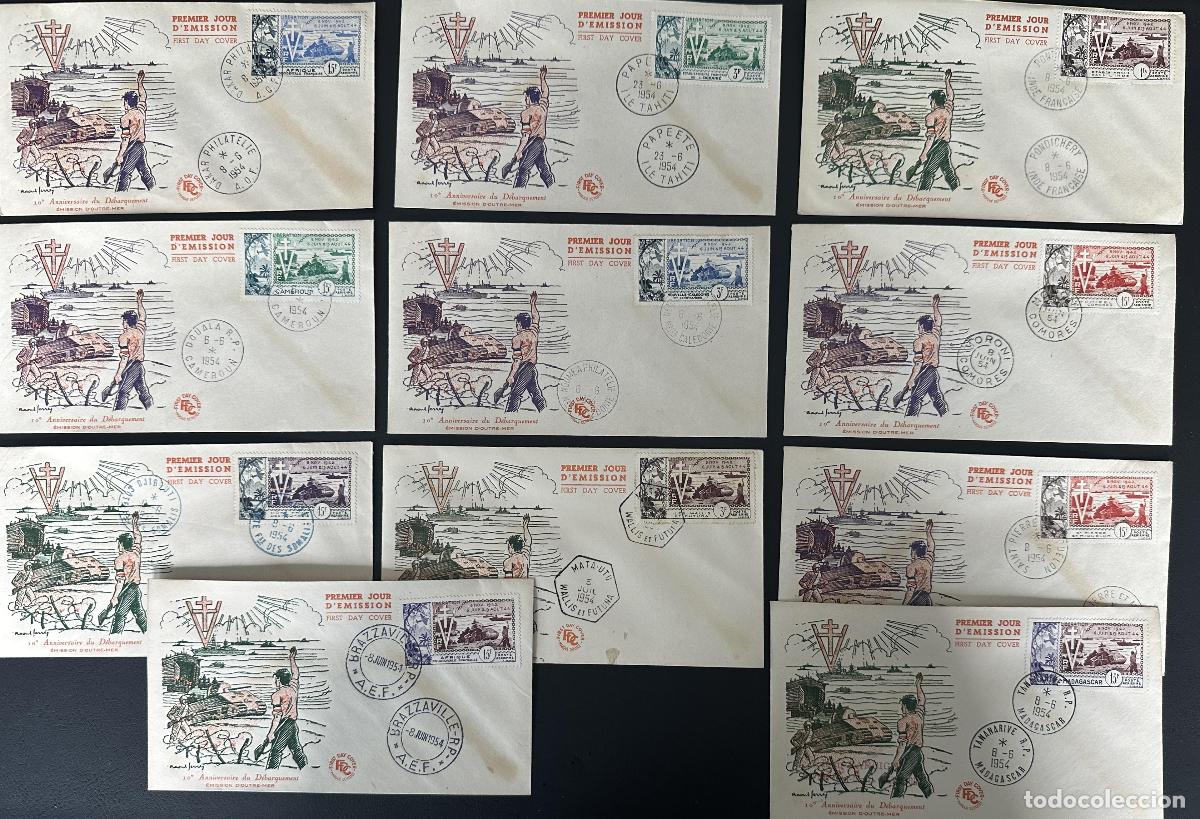 Sellos: Francia Ultramar 1954 FDC 10&deg; Aniv. Desembarco Liberaci&oacute;n 11 sobres