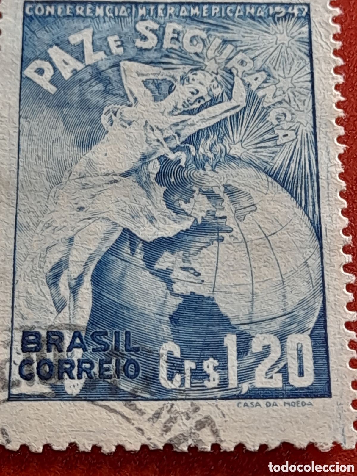 Sellos: Sello Brasil mtdo/udo 1947. Conferencia Panamericana defensa. Desnudo. Globo terr&aacute;queo. Estrellas