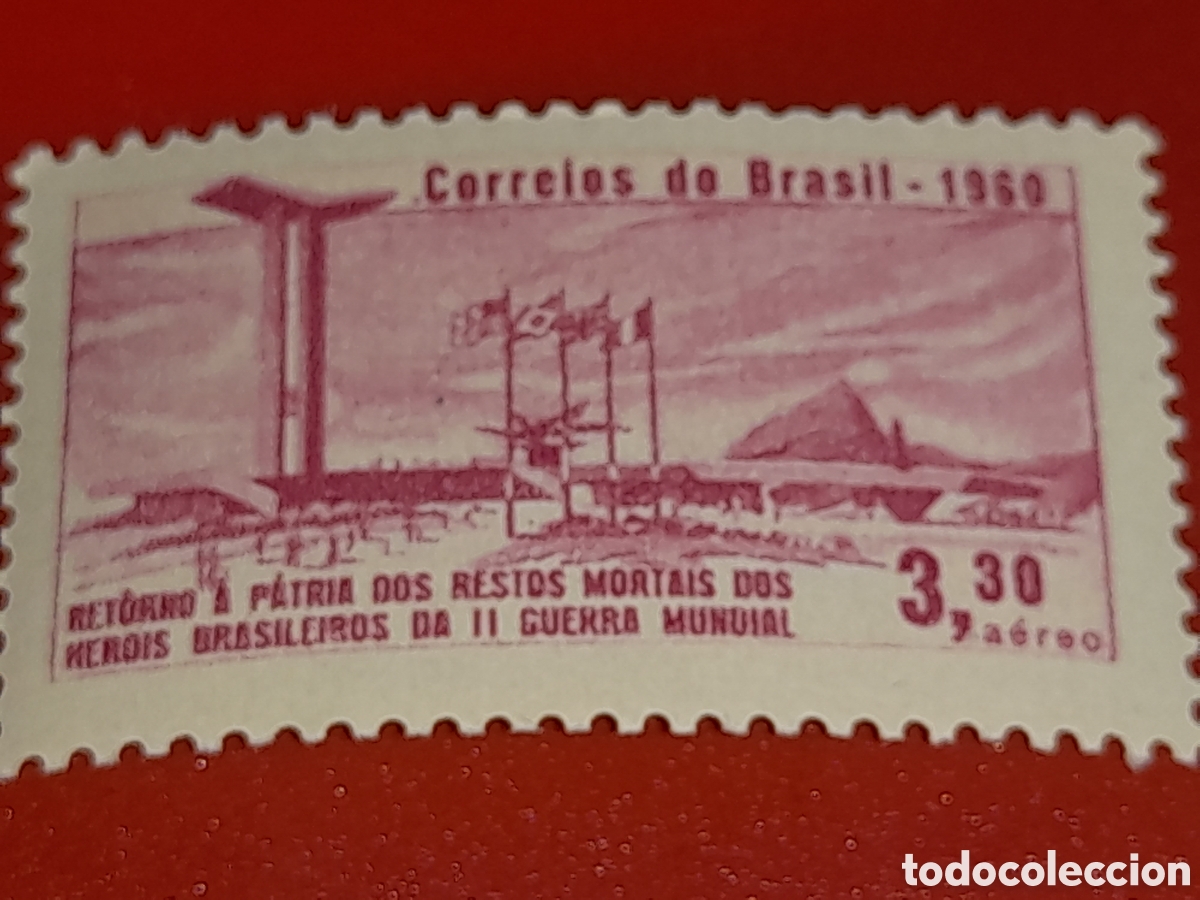 Sellos: Sello Brasil nuevo 1960. Retorno restos sodados II guerra mundial. Bandera. Monumento. Monta&ntilde;a. Mili
