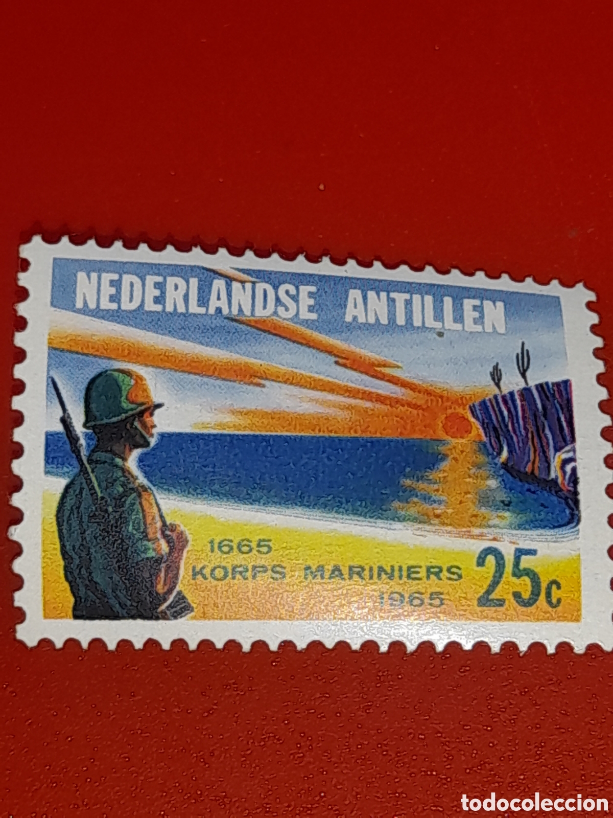 Timbres: Sello Antillas Holandesas nuevo 1965. 300Aniv cuerpo marina. Militar.,soldado. Uniforme. Cactus. Cos