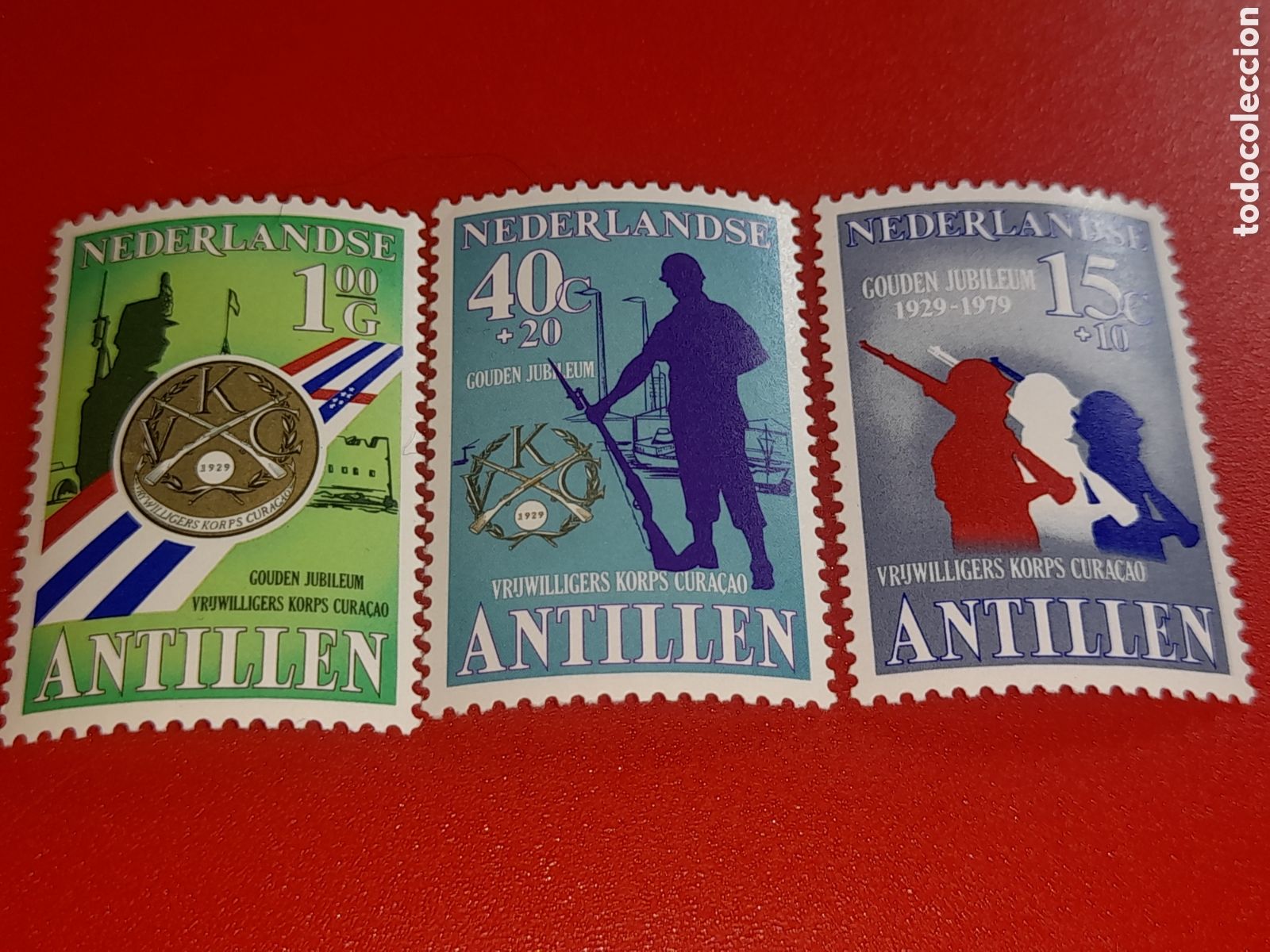 Sellos: Sello Antillas Holandesas nuevo 1979. 50Aniv voluntarios. Bandera. Soldado. Militar. Armas. Guardia
