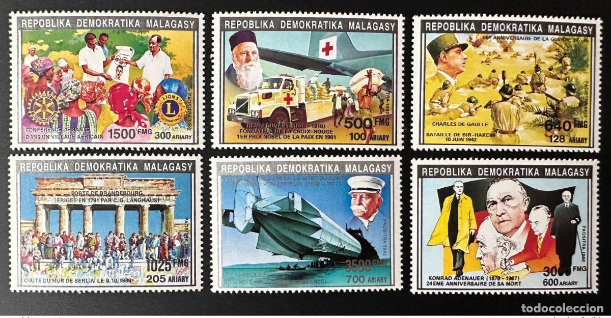 Sellos: Madagascar 1992 Mi. 1391/1397 II Zeppelin Lions Dunant Cruz Roja Gaulle