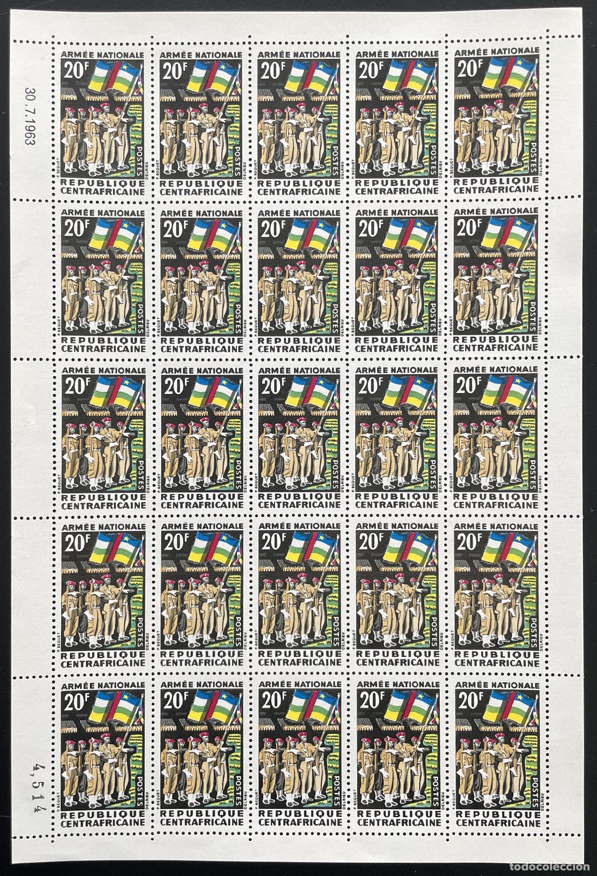 Sellos: Rep&uacute;blica Centroafricana 1963 YT 26 tabl&oacute;n ej&eacute;rcito nacional uniformes militares soldados