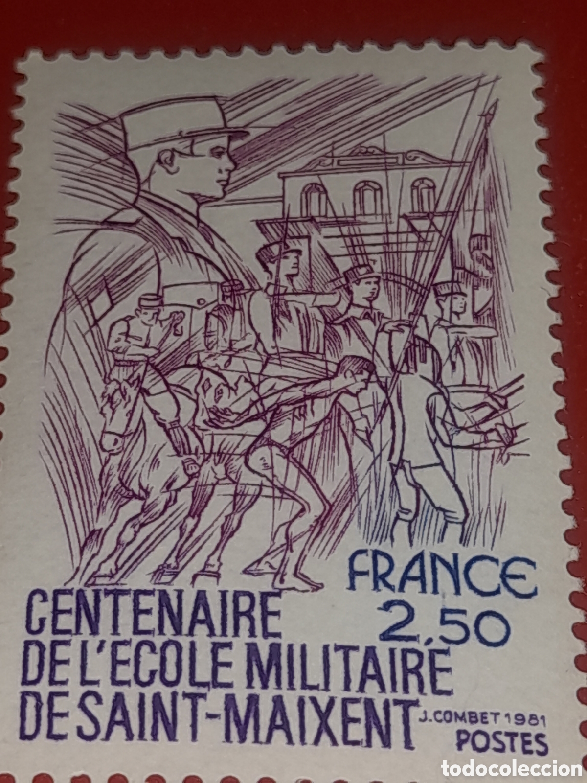 Sellos: Sello Francia nuevo 1981. 100Aniv Academia militar. Soldado. Uniforme. Caballo. Deporte.