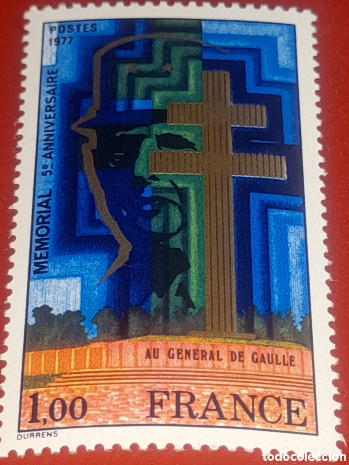 Sellos: Sello Francia nuevo 1977. 500Aniv monumento general Gaulle. Historia. Militar. Cruz. 2a guerra mundi