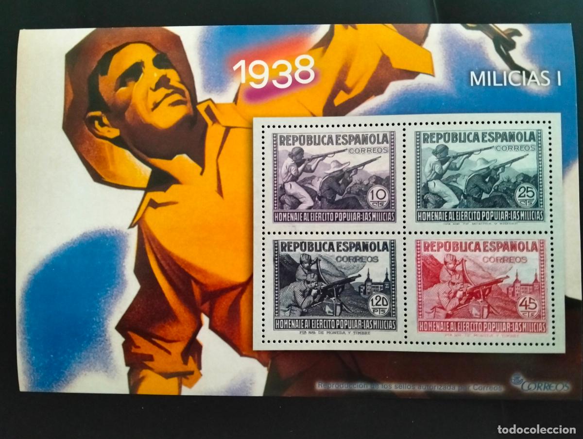 Sellos: HOJA BLOQUE GUERRA CIVIL ESPA&Ntilde;OLA, 4 SELLOS REPUBLICA ESPA&Ntilde;OLA, MILICIAS 1938
