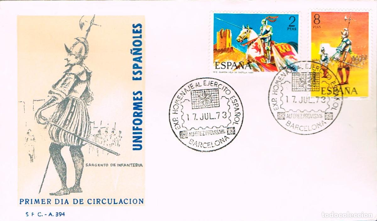 Sellos: EDIFIL 2141 y 2143, SARGENTO DE INFANTERIA 1567, PRIMER DIA HOMENAJE EJERCITO ESPA&Ntilde;OL 17-7-1973 SFC