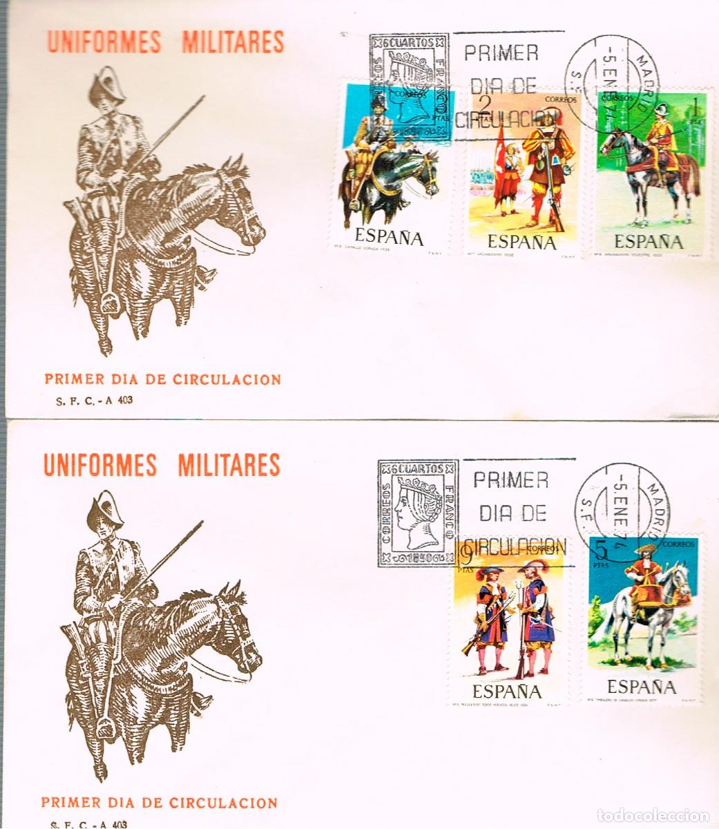 Sellos: EDIFIL 2139/43, HOMENAJE EJERCITO ESPA&Ntilde;OL, PRIMER DIA DEL 17-7-1973 SFC, SERIE COMPLETA EN 2 SOBRES