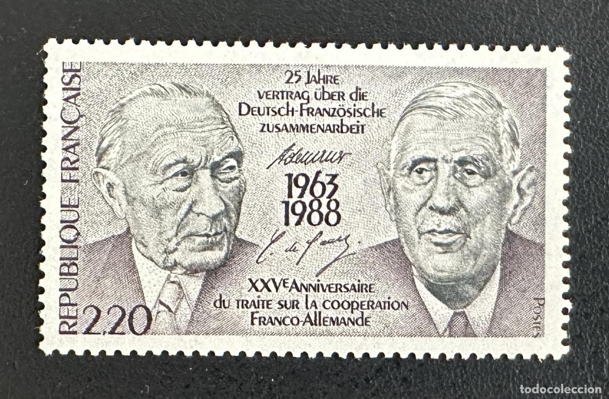 Sellos: Francia 1988 Mi. 2636 emisi&oacute;n conjunta tratado cooperaci&oacute;n Adenauer De Gaulle