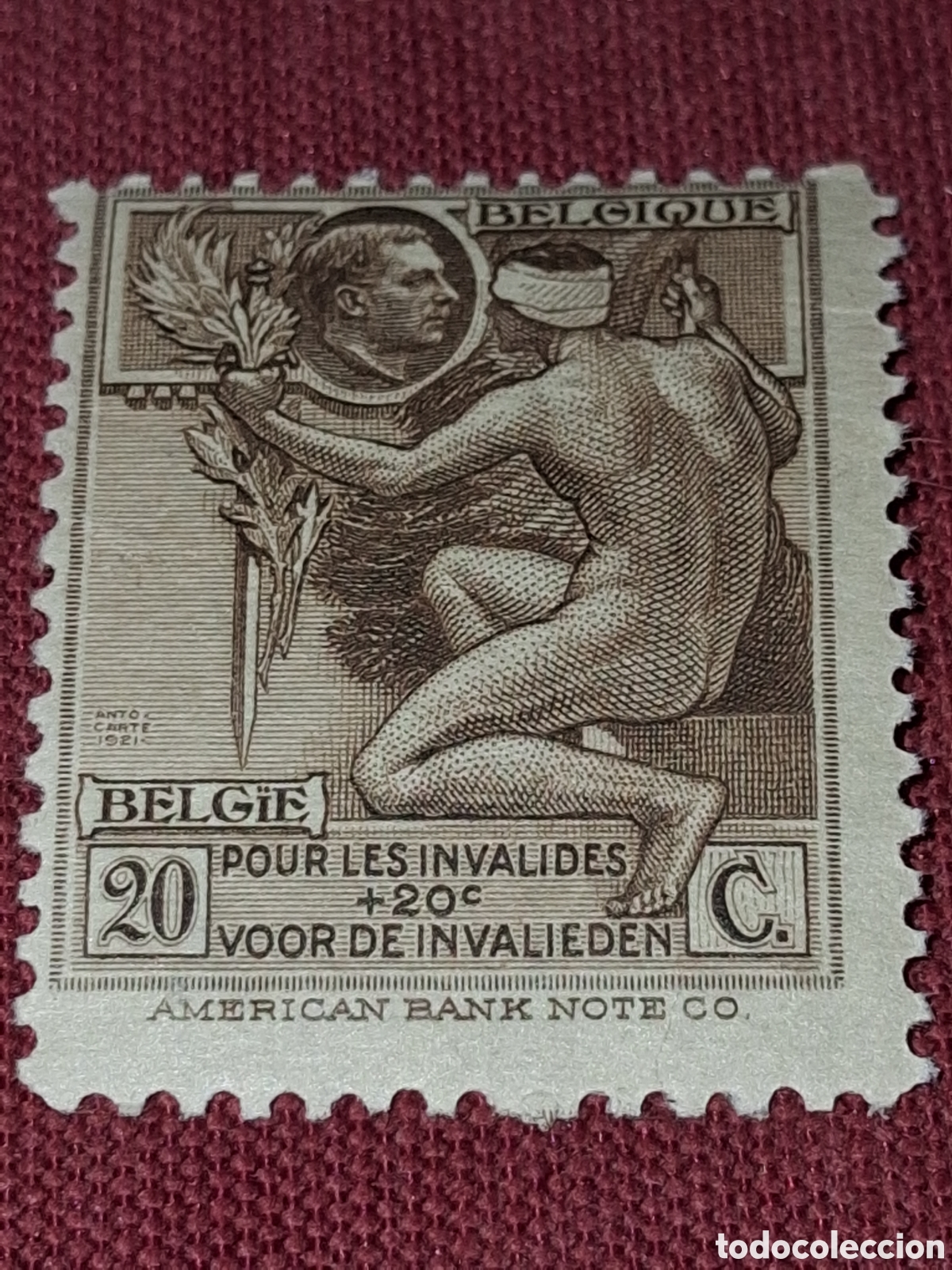 Sellos: Sello B&eacute;lgica nuevo 1922. Pro inv&aacute;lidos guerra. Primera guerra mundial. Desnudo.