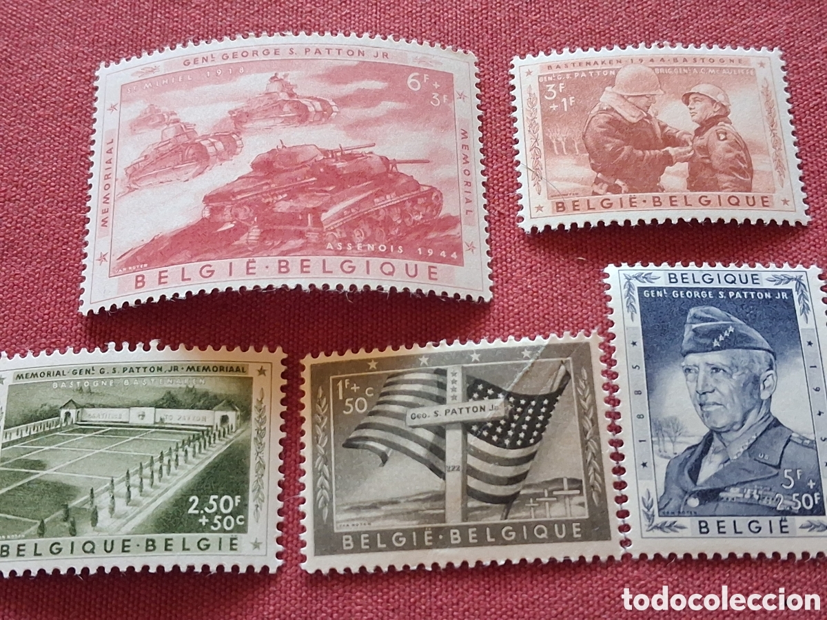 Sellos: Sello B&eacute;lgica nuevo 1957. Segunda guerra mundial. Homenaje general Patton. Bandera. Militar. Soldad