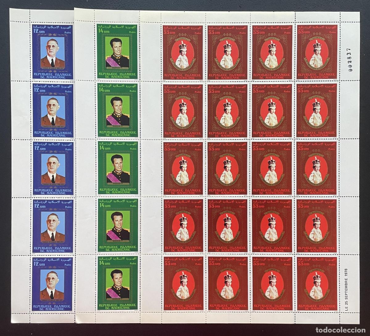 Sellos: Mauritania 1978 YT 398-400 tabl&oacute;n De Gaulle Napole&oacute;n Isabel II