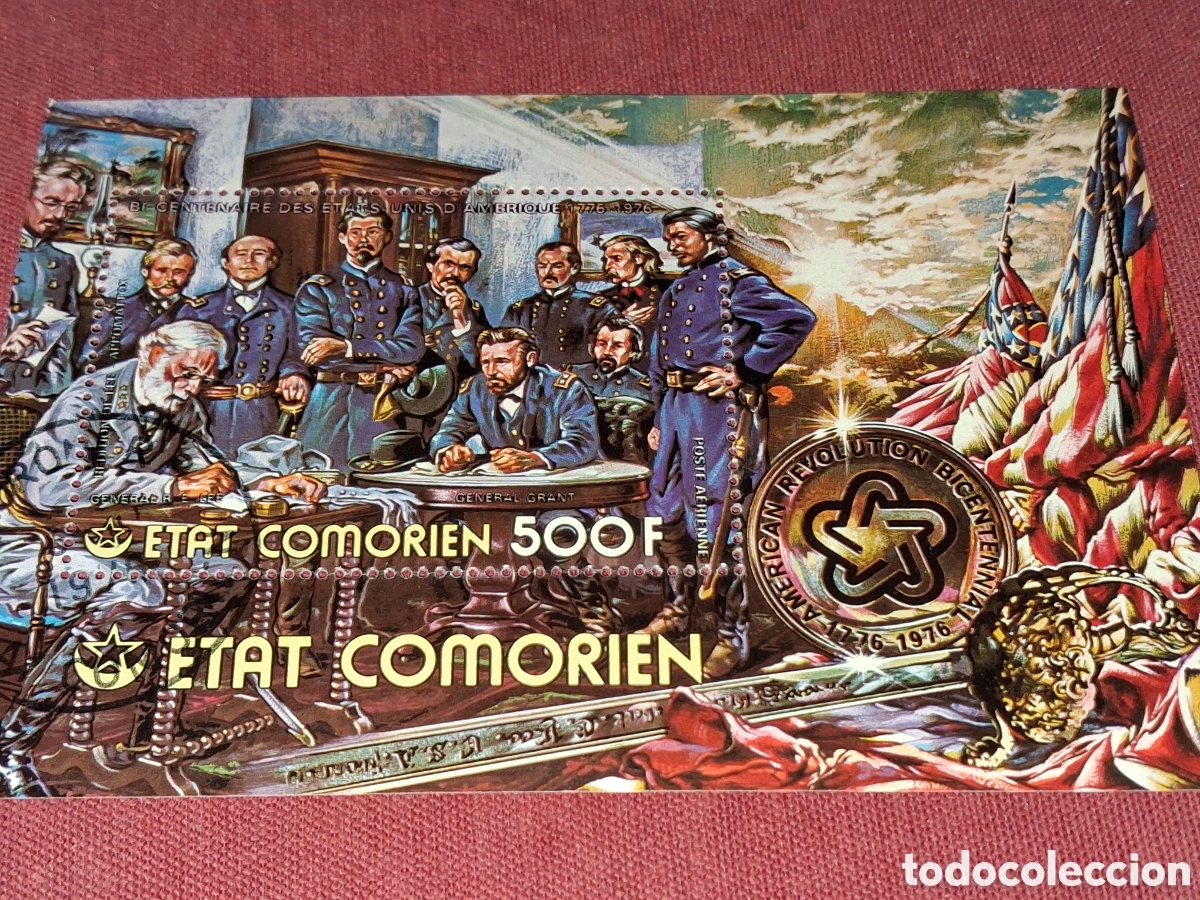 Sellos: HB Comoras mtdo 1976. 200Aniv independencia EE.UU. Batalla secesi&oacute;n. Militar. Uniforme. Bandera Gene