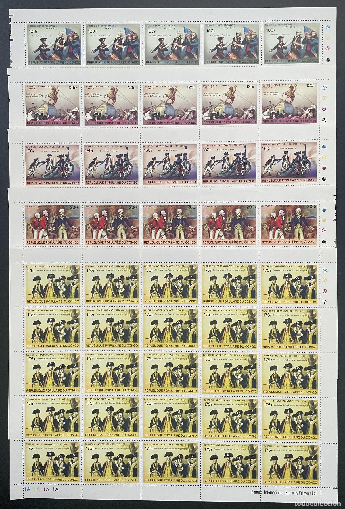 Sellos: Congo 1976 YT 432-436 tabl&oacute;n bicentenario Guerra de la Independencia Estados Unidos