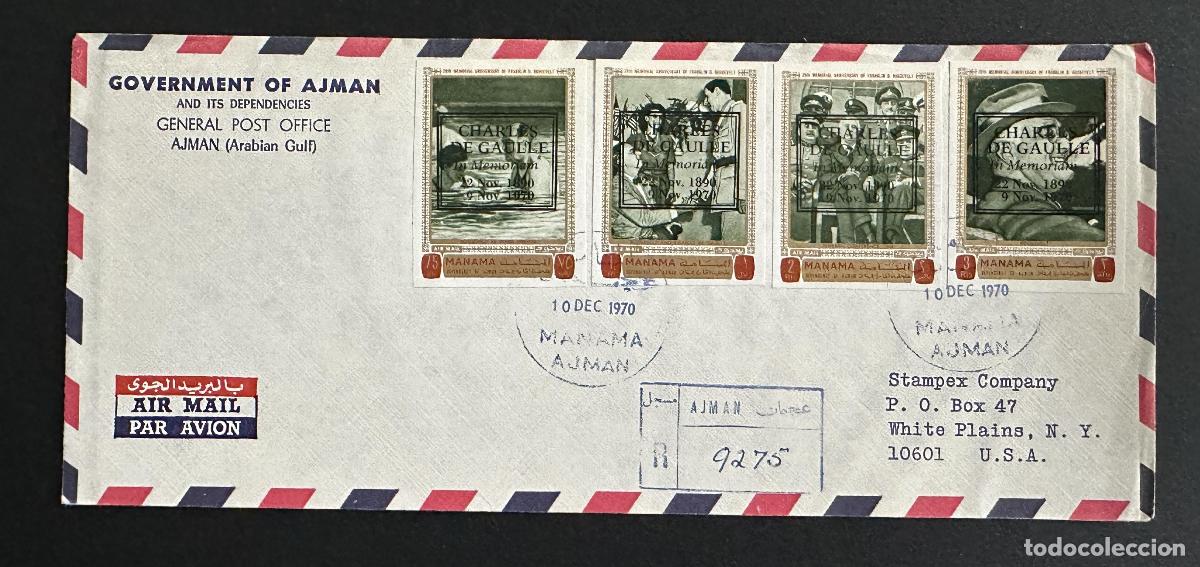 Sellos: Carta de Ajman Manama 1970 sellos Charles Gaulle In Memoriam USA sin perforar