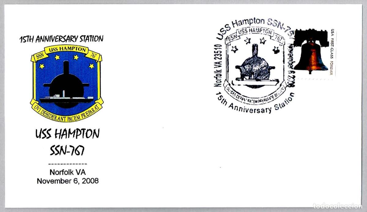 Sellos: Matasellos SUBMARINOS - 15 ANIV. SUBMARINO NUCLEAR USS HAMPTON SSN-767. Norfolk VA, E.Unidos, 2008
