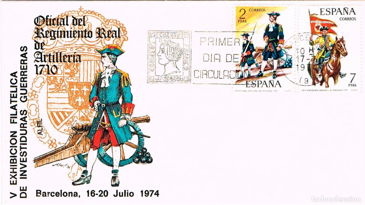Sellos: EDIFIL 2198 Y 2200, UNIFORMES DEL PORTAGUUION DE DRAGONES DE NUMANCIA. PRIMER DIA DE 17-7-1974 SFC