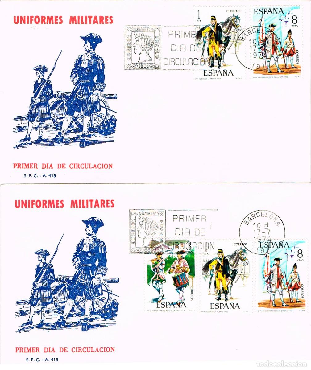 Sellos: EDIFIL 2197/201, UNIFORMES MILITARES GRUPO III (SIGLO XVIII) PRIMER DIA 17-7-1974 2 SOBRES DEL SFC