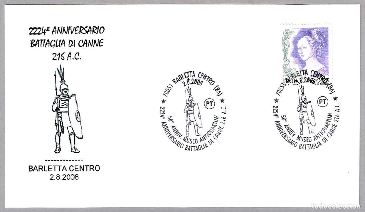 Sellos: Matasellos HISTORIA MILITAR - 2224 ANIV. BATALLA DE CANNE - ANIBAL BARCA. Barletta, Italia, 2008