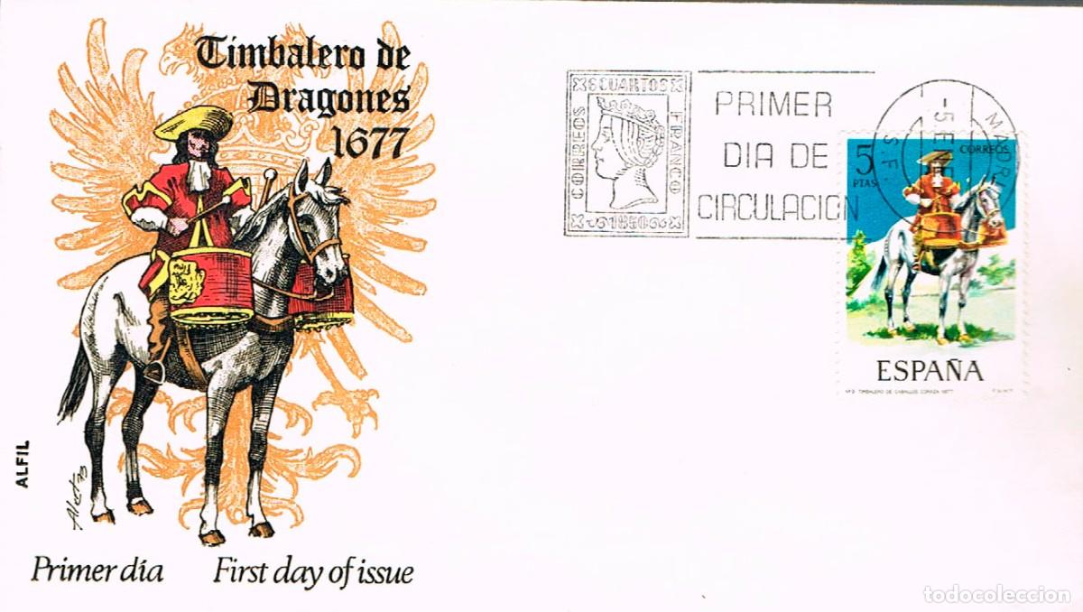Sellos: EDIFIL 2170, DRAGONES A CABALLO, TIMBALERO DE 1674, PRIMER DIA DE 5-1-1974, SOBRE DE ALFIL