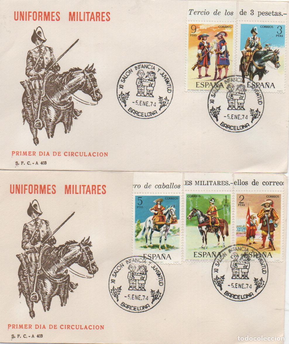 Sellos: EDIFIL N&ordm; 2167/71, UNFORMES MILITARES, PRIMER DIA MATASELLO EXPOSICION DE 5-1-1974, SFC