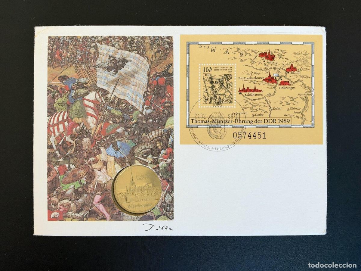 Sellos: RDA 1989 Carta Numism&aacute;tica Thomas M&uuml;ntzer bloque sellado medalla