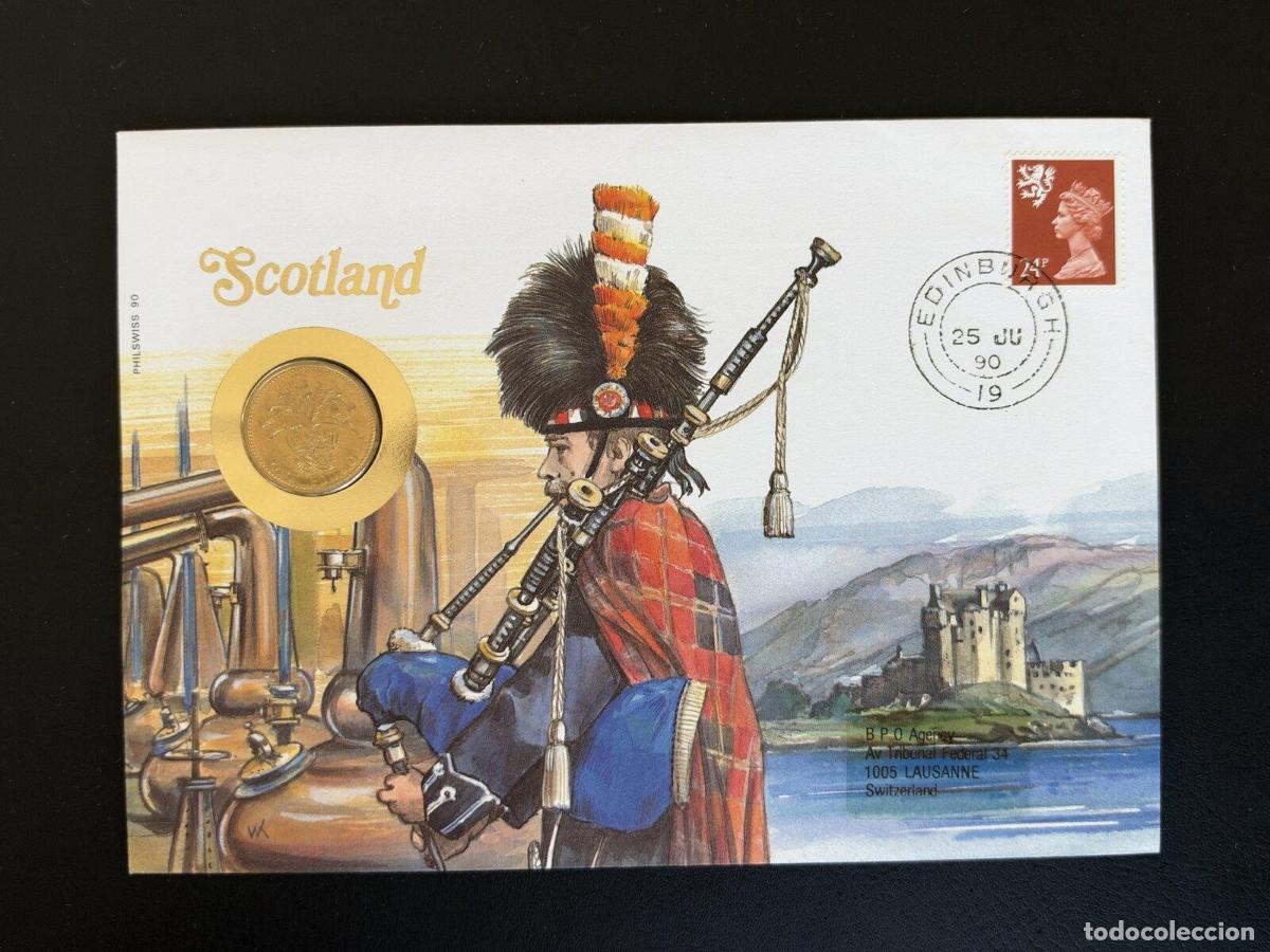 Sellos: Sobre numism&aacute;tico Philswiss Escocia Edimburgo 1990 moneda