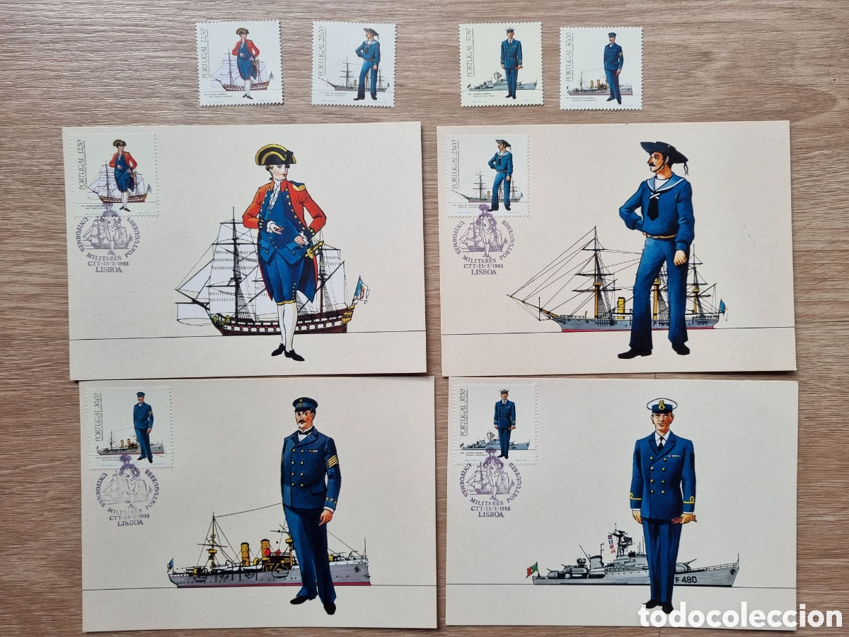 Sellos: Uniformes militares marina portugueses. 4 tarjetas con sellos. Matasellos especial+4 sellos nuevos