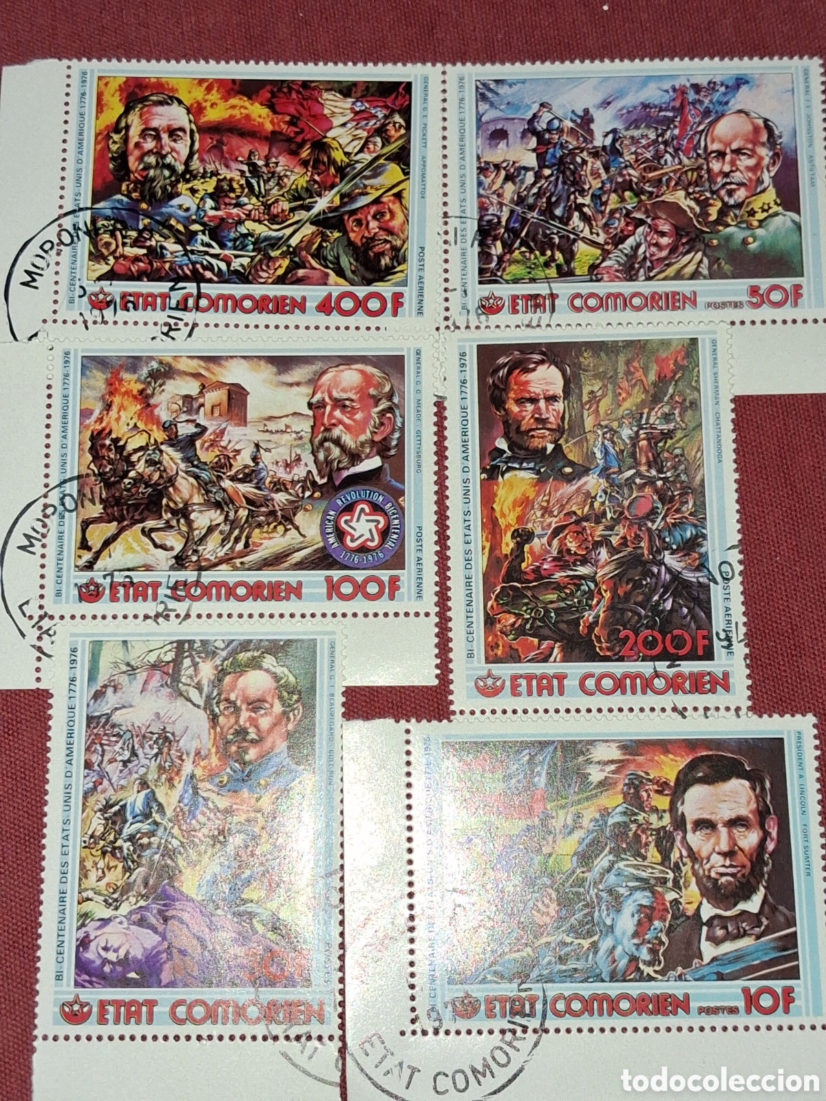 Sellos: Sello (2series) Comoras mtdo 1976. 200Aniv independencia EE.UU. Batalla secesi&oacute;n. Militar. Uniforme.