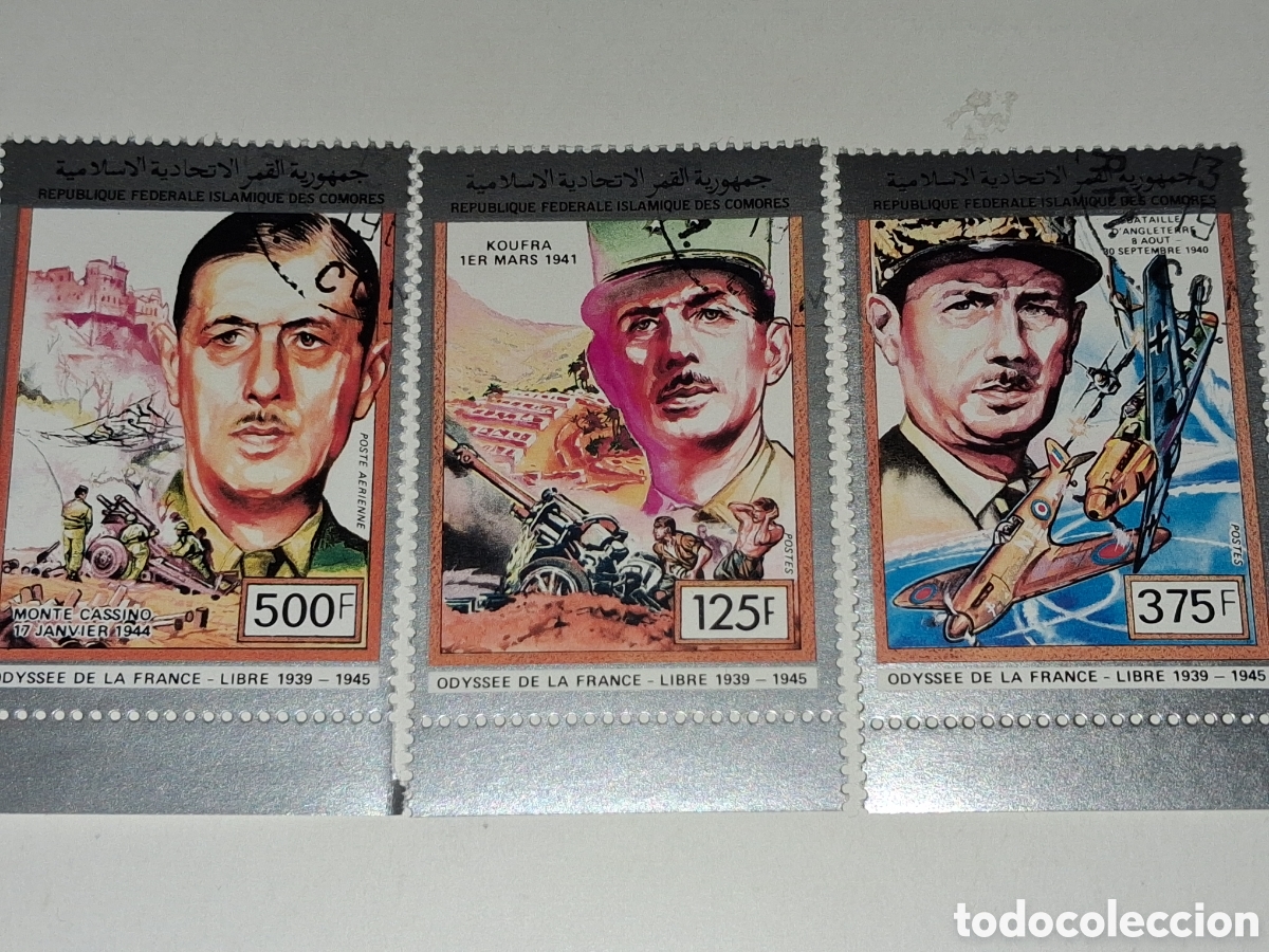 Sellos: Sello (2series) Comoras mtdo 1991. 2a guerra mundial. General Gaulle. Militar. Batalla. Aviones. Ca&ntilde;