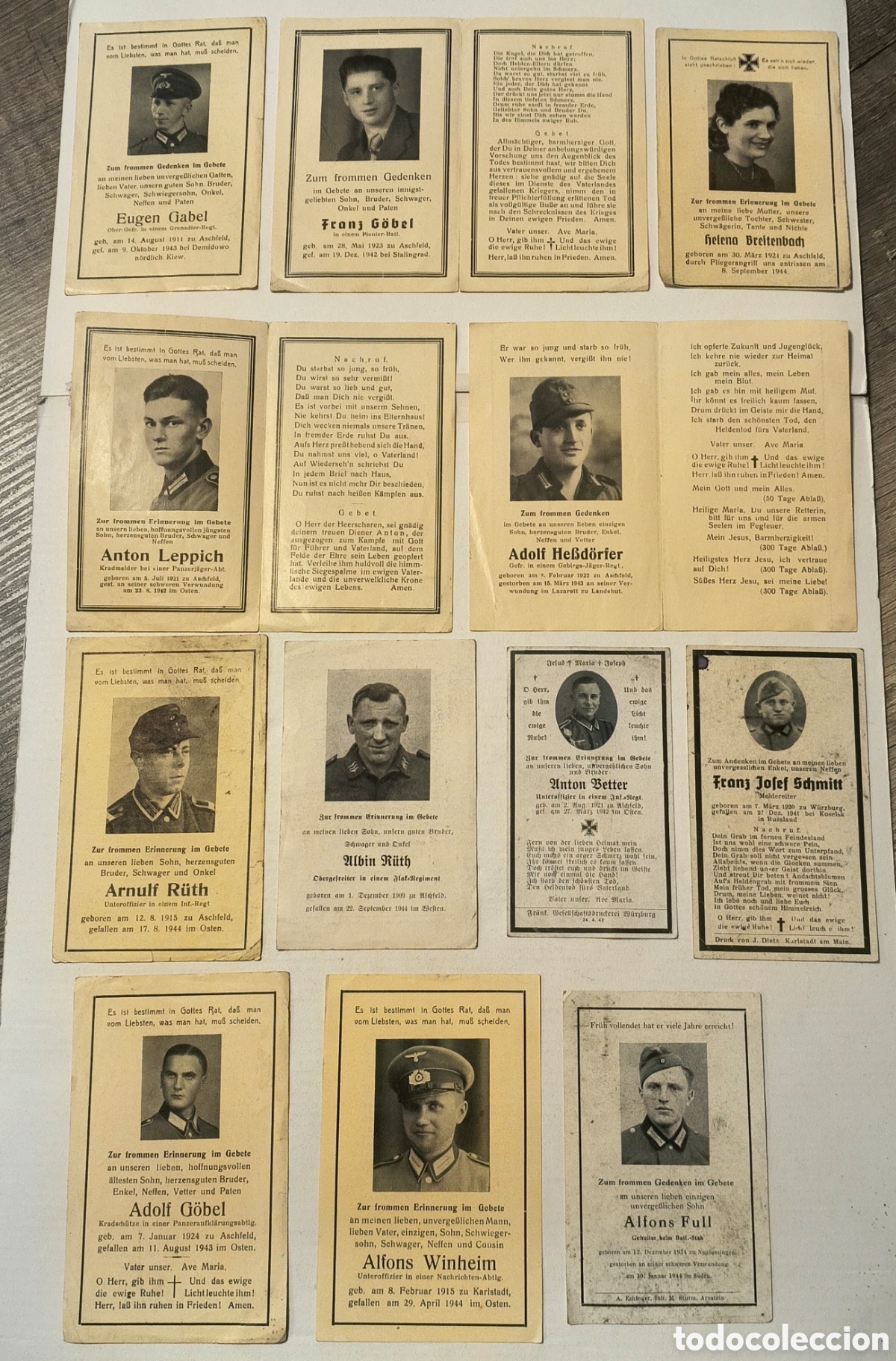 Sellos: Militaria: Lote de 11 tarjetas de defunci&oacute;n (1939-1945)