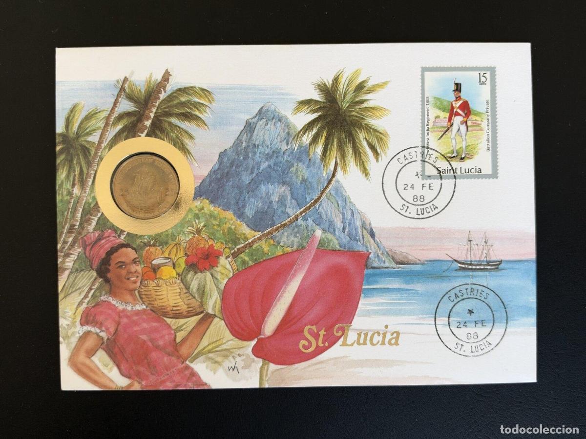 Sellos: Sobre numism&aacute;tico Santa Luc&iacute;a 1988 Castries moneda