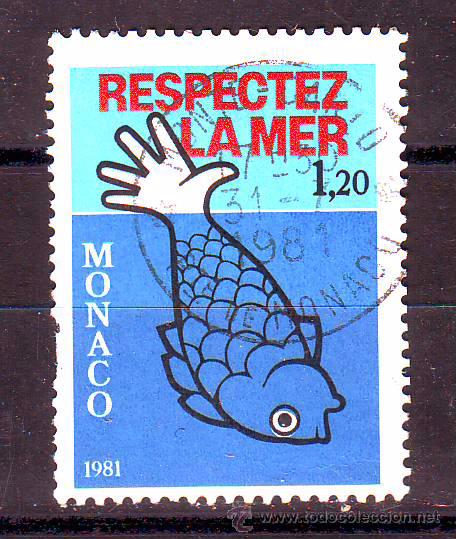 Sellos: MONACO.A&Ntilde;O 1981.RESPETAR EL MAR.PECES.VALOR USADO. - Foto 1