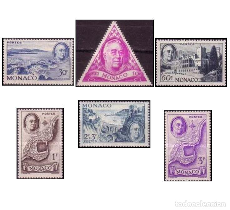 Sellos: M&oacute;naco 1946 SW-322/27 &rdquo;Visita de Roosevelt&rdquo;, serie corta./ Nuevo, sin charnela, MNH.
