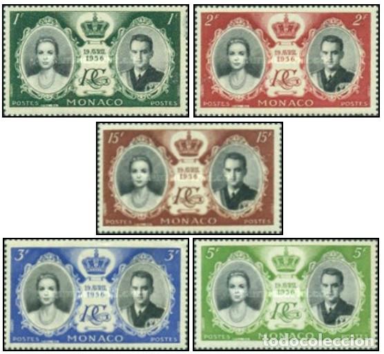 Sellos: M&oacute;naco 1956 SW-569/73 &rdquo;Boda Rainiero III - Grace Kelly&rdquo;./ Nuevo, sin charnela, MNH.