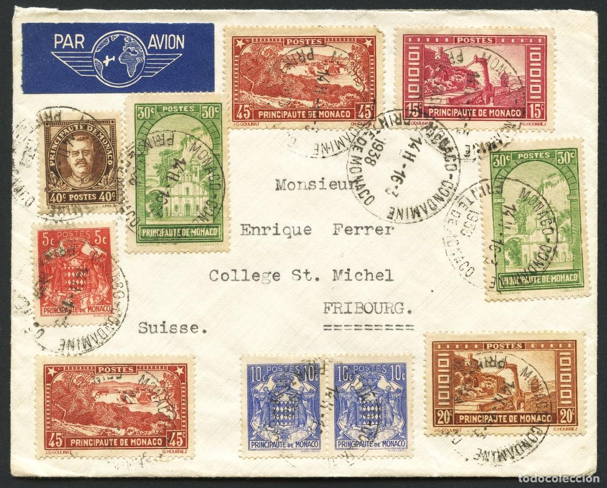 Sellos: M&Oacute;NACO, SOBRE, CORREO A&Eacute;REO, CIRCULADO DESDE M&Oacute;NACO A SUIZA, 1938
