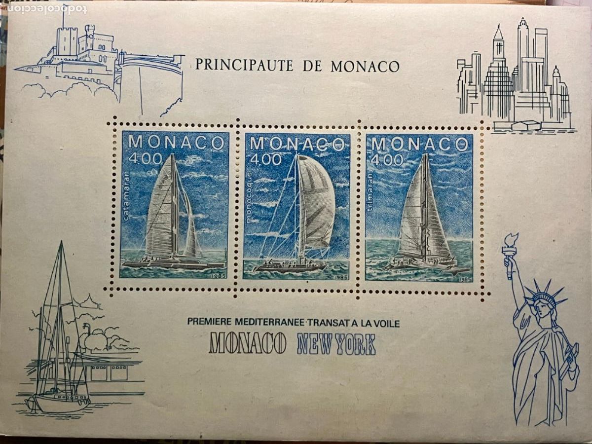Sellos: Monaco 1985 - HB Premiere Mediterranee Transat a la voile - Estatua Libertad - Statue of Liberty