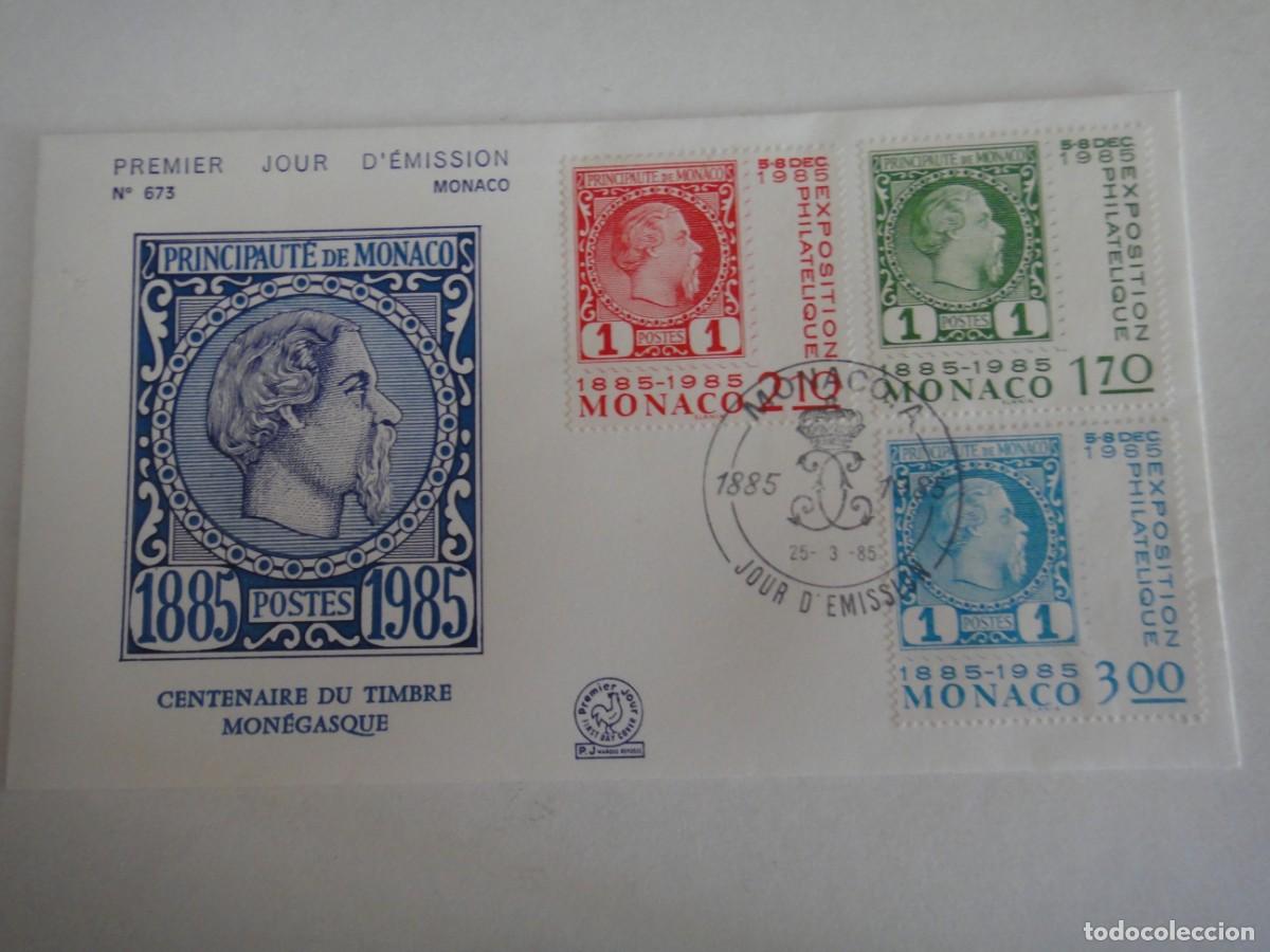 Sellos: M&oacute;naco, sobre, 1&ordm; d&iacute;a de emisi&oacute;n-centenario del sello, grabador Slania, a&ntilde;o 1985- Rf 201/868