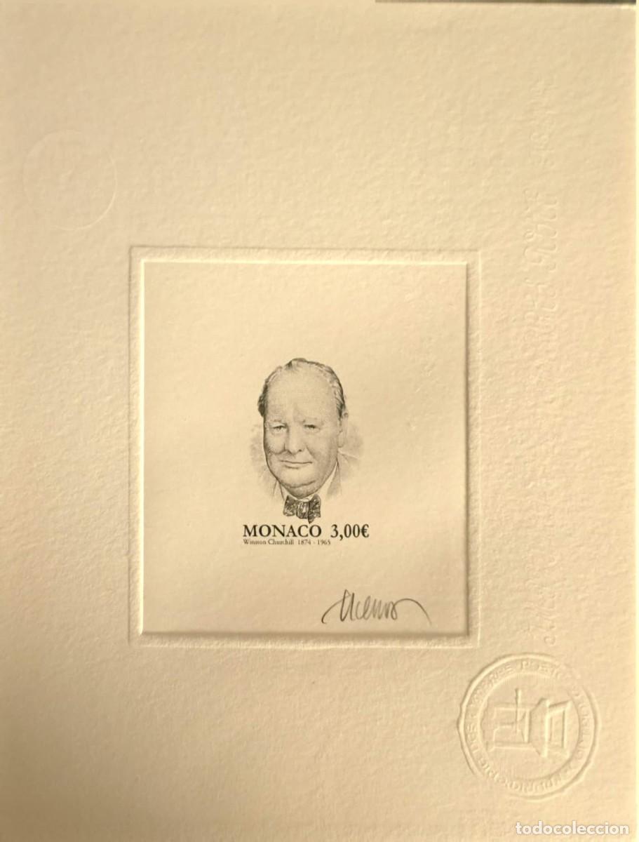 Sellos: O) 2024 MONACO, SUNKEN DIE PROOF, WINSTON CHURCHILL BRITISH PRIME MINISTER, WORLD WAR II, 1953, NOBE