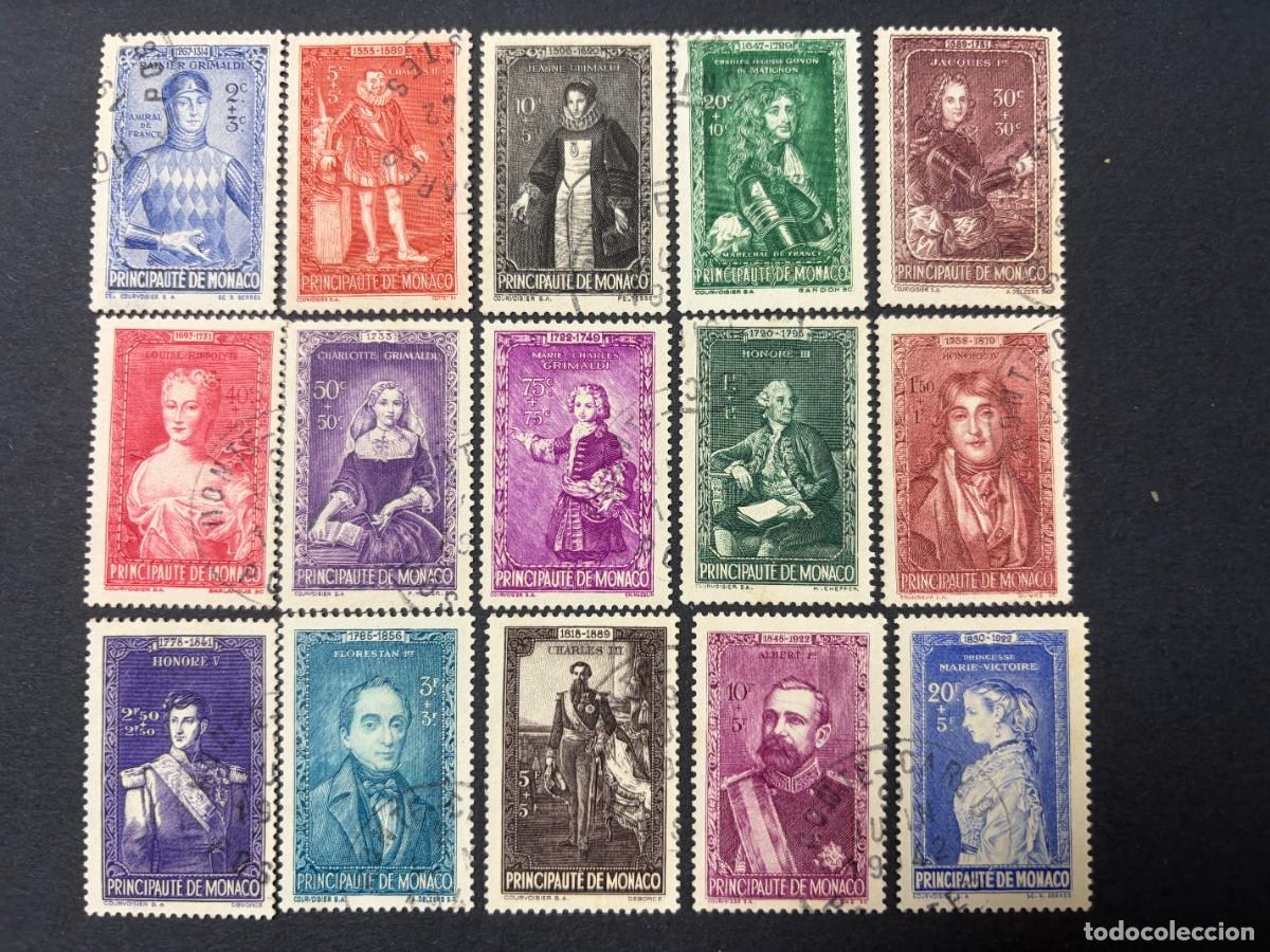 Sellos: M&Oacute;NACO, 1942. YVERT 234/248. RETRATOS GOBERNANTES. SERIE COMPLETA. USADOS