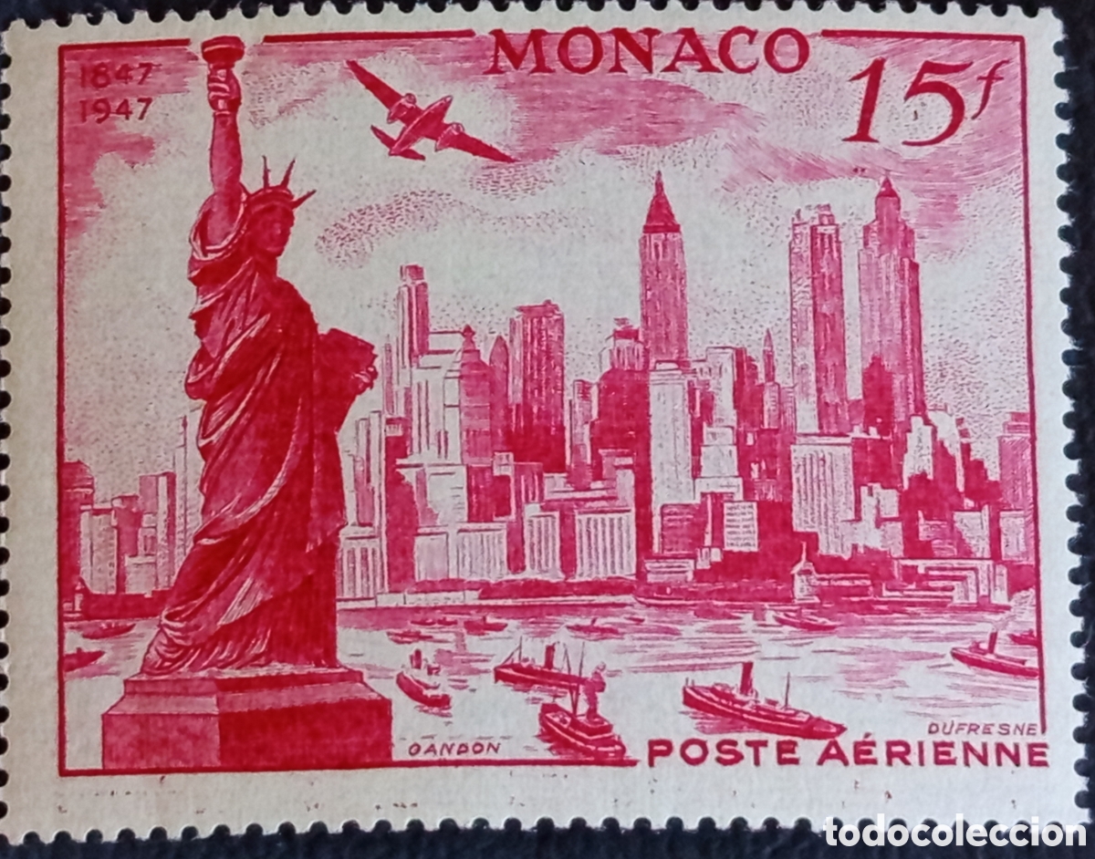 Sellos: M&oacute;naco 1947 Correo A&eacute;reo 15F Nueva York Estatua Libertad Yvert PA27 MNH