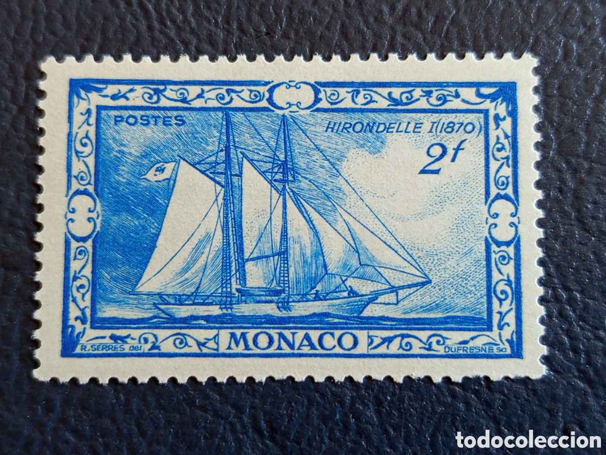 Sellos: Sello M&oacute;naco 1949 Goleta de Investigaci&oacute;n Hirondelle I 2f Azul Cat#333 MH