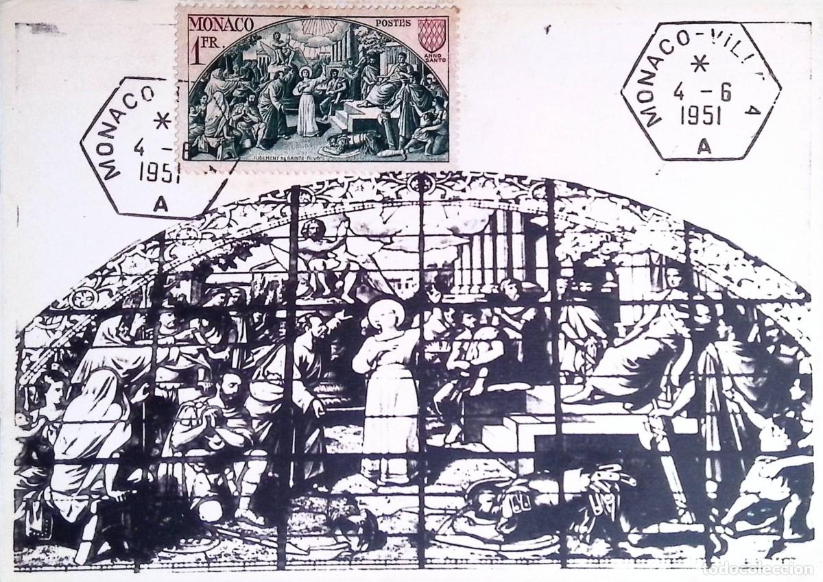 Sellos: O) 1951 MONACO, HOLY YEAR - ANNO SANTO, JUDGMENT OF ST DEVOTE, MAXIMUM CARD