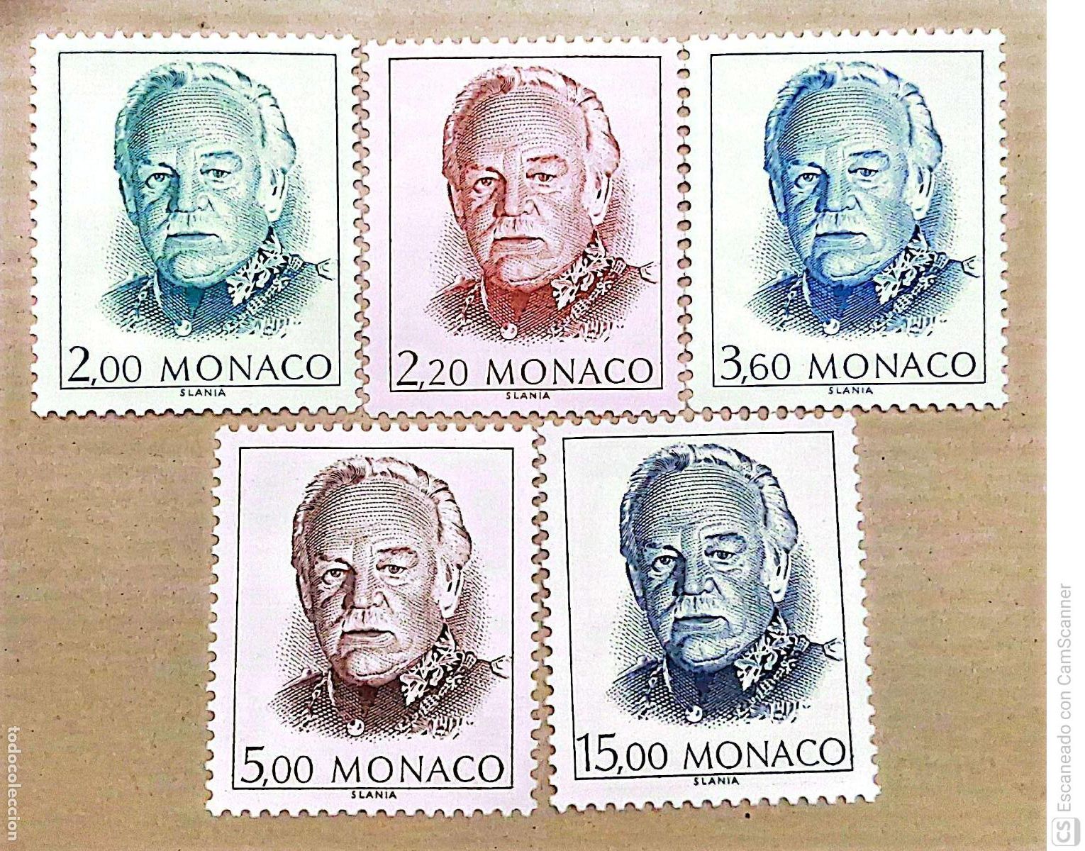 Sellos: M&oacute;naco. 1671/75 Serie b&aacute;sica. Efigie de S.A.S. Rainiero III. 1989. Sellos nuevos y numeraci&oacute;n Yvert.