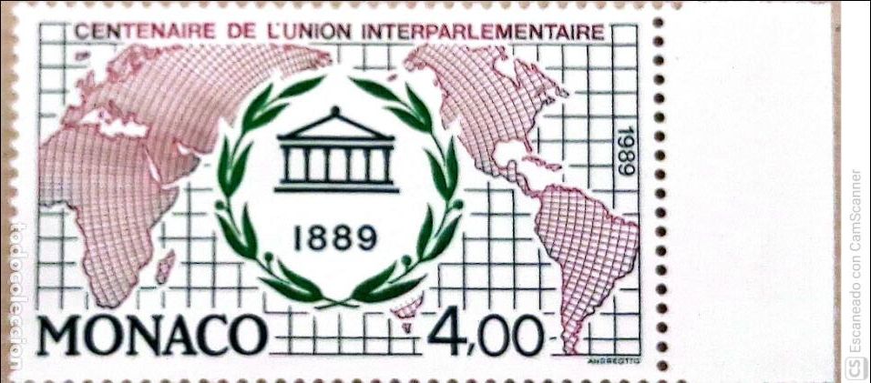 Sellos: M&oacute;naco. 1700 Centenario de la Uni&oacute;n interparlamentaria: Logo. 1989. Sellos nuevos y numeraci&oacute;n Yvert