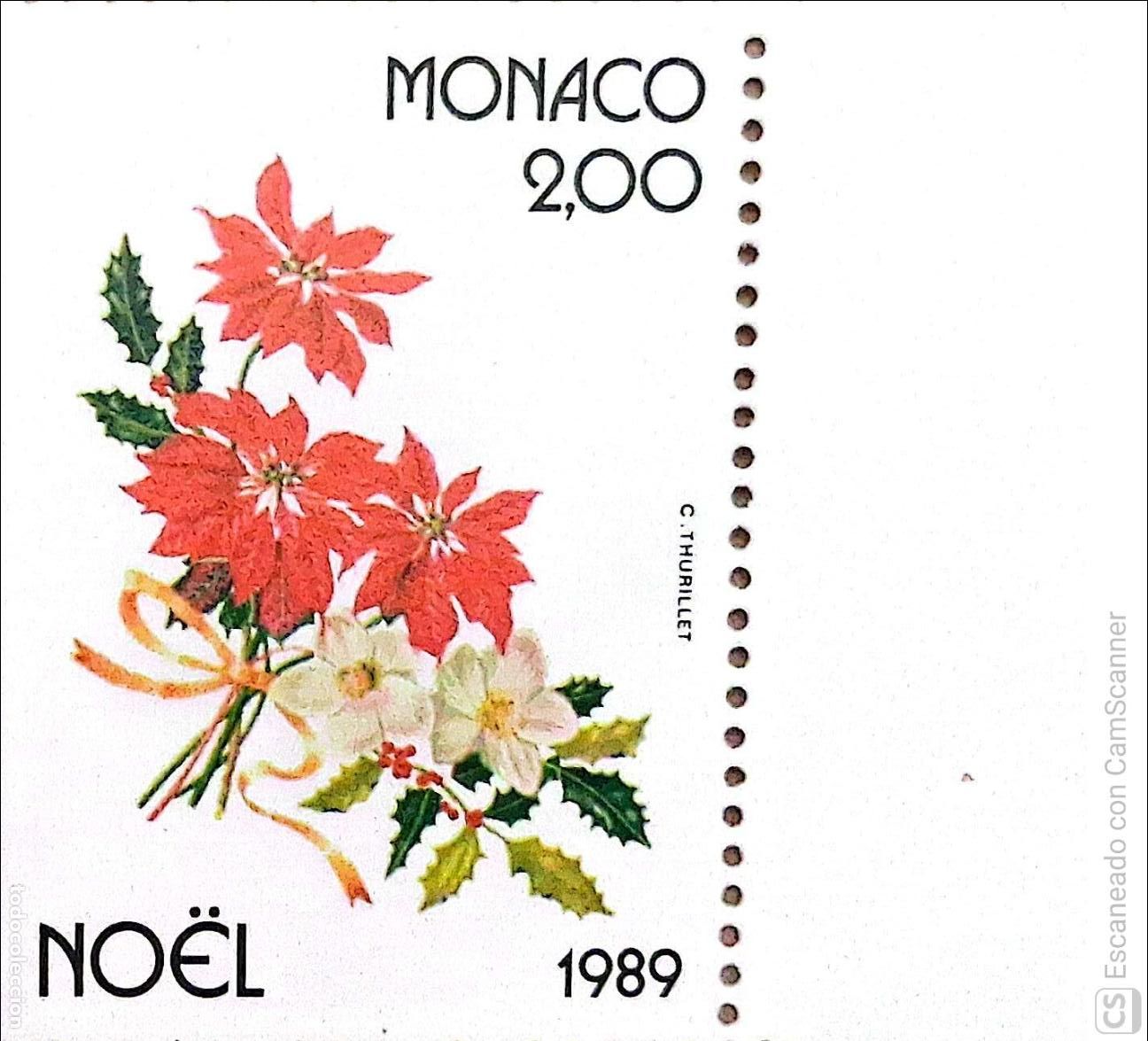 Sellos: M&oacute;naco. 1701 Navidad: Poinsentia, acebo y rosa. 1989. Sellos nuevos y numeraci&oacute;n Yvert.
